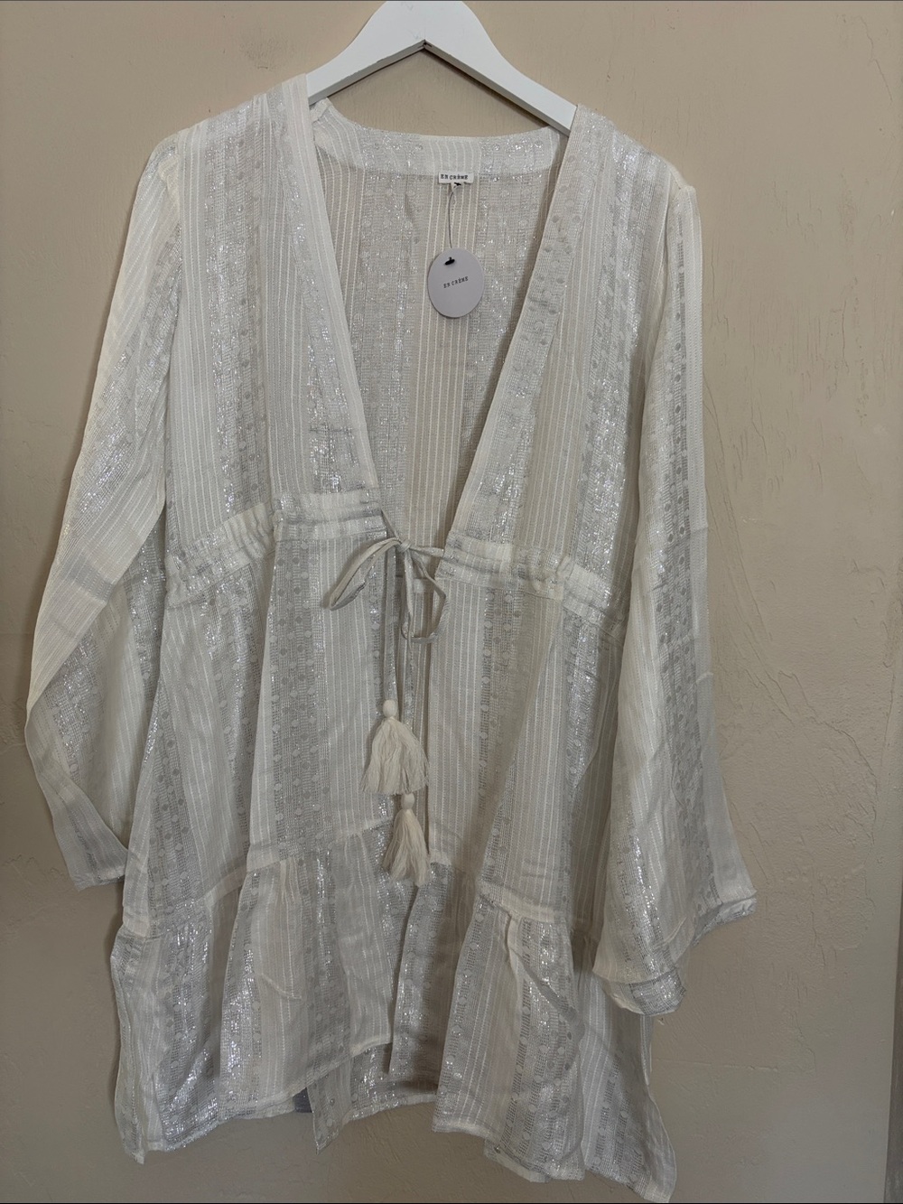 En Créme White Sequin Tie-Front Boho Tunic. NWT!